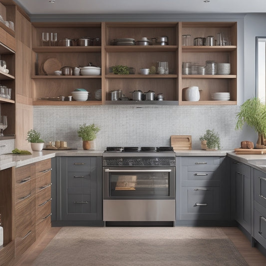 A sleek kitchen interior showcasing modern adjustable shelf inserts, seamlessly fitted within custom cabinetry. Warm wood tones, stylish cookware, and organized spices create a harmonious, functional space, highlighting versatility and elegance.