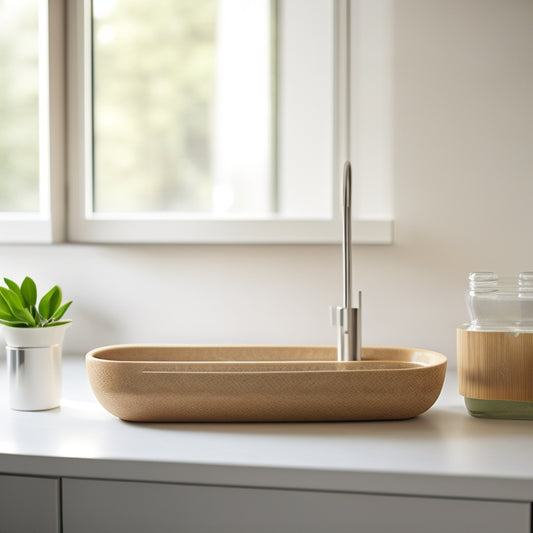An elegant minimalist sink organizer featuring sleek bamboo and stainless steel components, with neatly arranged dish soap, sponge, and scrubber. Soft ambient lighting highlights its clean lines against a serene, muted kitchen backdrop.
