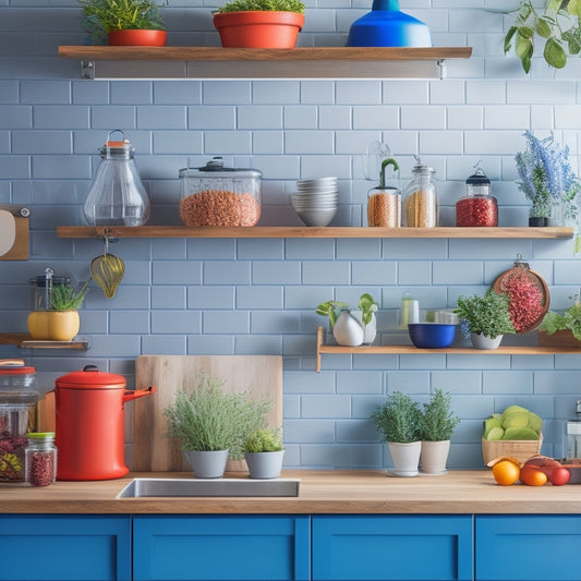 A modern kitchen with sleek, wall-mounted shelves displaying colorful jars and utensils, a compact cutting board integrated into a countertop, and a stylish hanging pot rack, all surrounded by vibrant greenery.