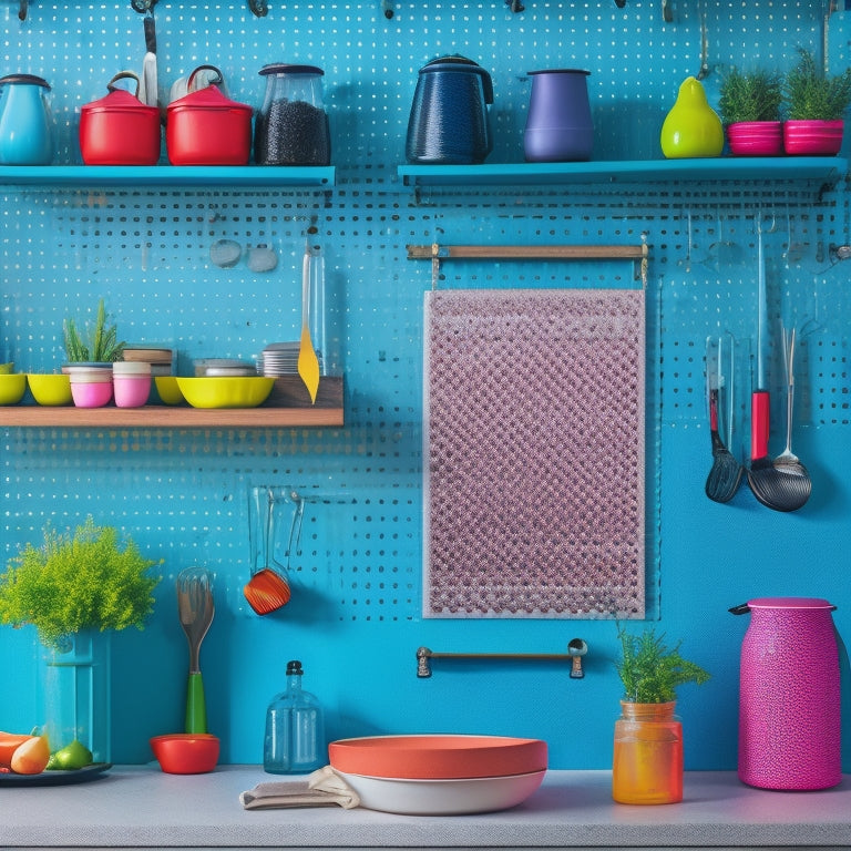 A vibrant kitchen featuring a sleek magnetic pegboard on a wall, adorned with colorful utensils, pots, and herbs. Include a stylish arrangement of magnets, shelves, and organized tools for a modern, functional aesthetic.