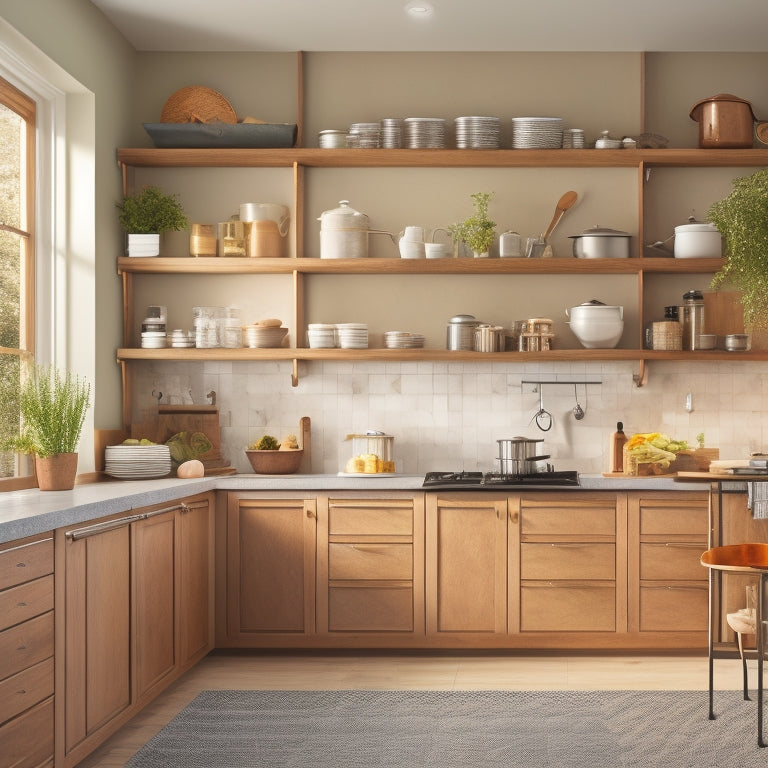 An elegant kitchen scene showcasing pull-out cabinet shelves filled with organized spices, pots, and pans. Soft natural light illuminates sleek wood finishes, highlighting the efficient use of space in a modern, stylish setting.