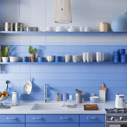 A bright, modern kitchen with sleek countertops, a few strategically placed cookbooks, and a utensil-filled pegboard, surrounded by a subtle, gradient blue glow, symbolizing simplicity and freedom.