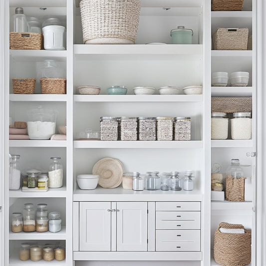 A bright, airy pantry with crisp white shelves, adorned with a variety of stylish labels in pastel hues, featuring elegant fonts and minimalist designs, amidst neatly arranged jars and containers.