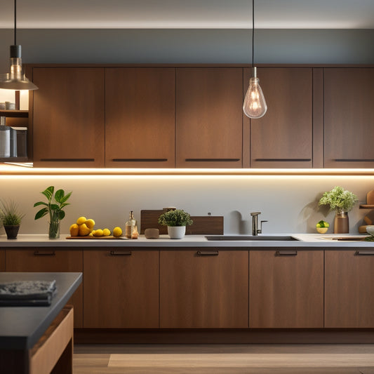 A sleek kitchen showcasing under-cabinet lighting with soft, warm glow activated by motion sensors. The cabinets are modern wood, reflecting light, with a minimalist countertop and subtle shadows enhancing the ambiance.