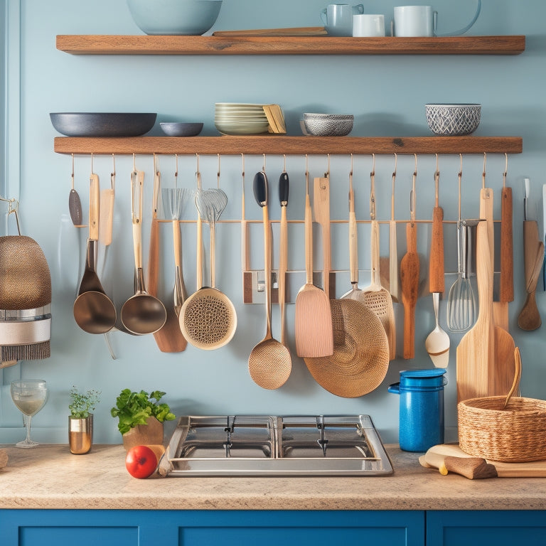 A tidy kitchen counter with a wooden utensil organizer, a hanging pot rack, and a drawer with dividers, showcasing various kitchen utensils, such as whisks, spatulas, and wooden spoons, in an organized manner.