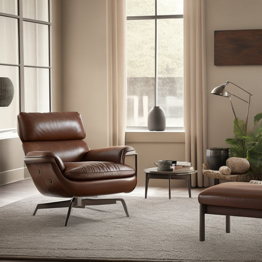 A minimalist living room with a sleek, low-profile modern leather chair and matching ottoman, both in a rich, dark brown color, set against a neutral beige or gray background.