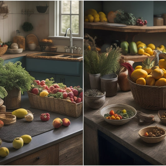A split-screen image: a cluttered kitchen counter with rotten fruits and vegetables, contrasted with a tidy counter featuring a meal planning board, a basket of fresh produce, and a compost bin.
