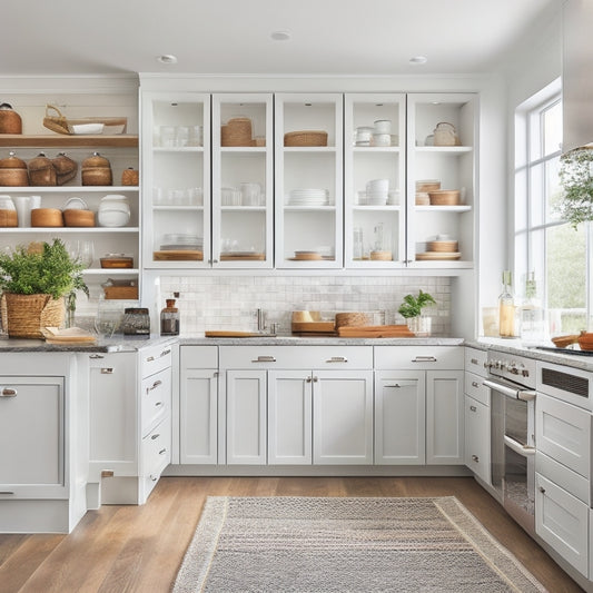 A modern kitchen with creamy white cabinets, warm wood accents, and sleek stainless steel appliances, featuring tall, floor-to-ceiling vertical shelves with woven baskets and glass jars storing spices and cookbooks.