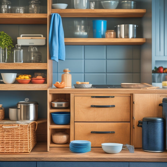 A modern kitchen counter with a wooden cabinet in the background, featuring a sleek, organized container system with various sized drawers, baskets, and shelves, surrounded by utensils and cookware.