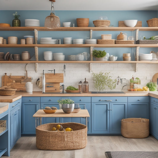 A bright, modern kitchen with open shelves, wooden cabinets, and a large island featuring a mix of baskets, jars, and utensil organizers, with a few cookbooks and decorative vases on display.