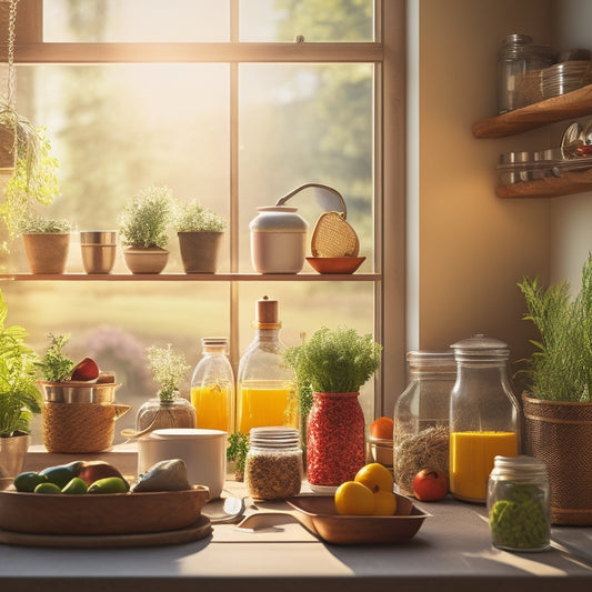 A cozy kitchen scene featuring a stylish, multi-tiered rack filled with colorful jars, fresh herbs in pots, and neatly arranged kitchen utensils, bathed in warm sunlight streaming through a window.