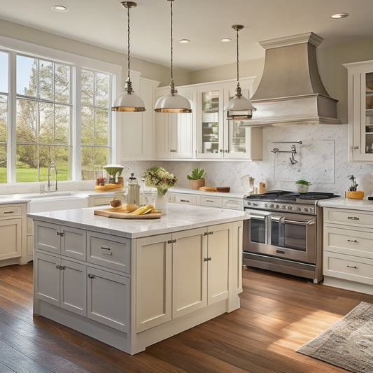 A spacious, light-filled kitchen with cream-colored cabinets, marble countertops, and a massive island featuring a farmhouse sink, surrounded by stainless steel appliances and pendant lights, set against a backdrop of large windows.