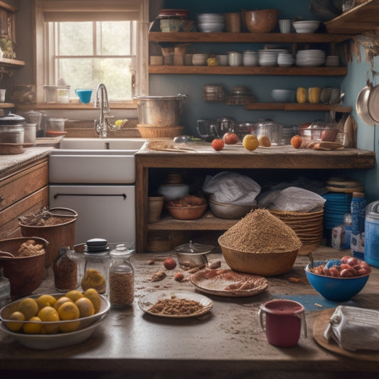 A messy kitchen with open cabinets overflowing with mismatched containers, expired food, and dusty cookbooks, surrounded by dirty dishes, crumbs, and spills, with a faint outline of a tidy kitchen in the background.