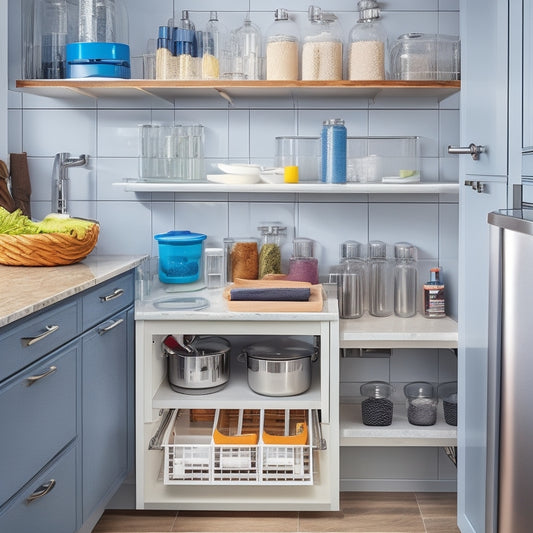 A well-organized under-sink cabinet featuring pull-out drawers, clear bins, and flexible shelving, surrounded by kitchen tools and cleaning supplies, all set against a backdrop of a cozy small kitchen with warm lighting.