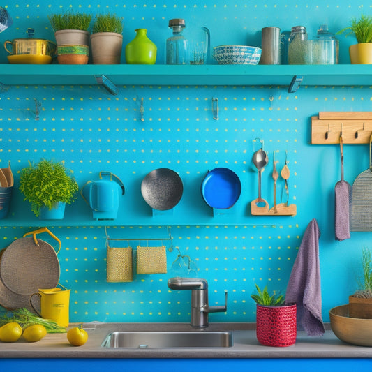 A vibrant small kitchen featuring a colorful pegboard wall adorned with neatly arranged cooking utensils, potted herbs, and decorative mugs, surrounded by rustic wooden shelves and warm ambient lighting for a cozy atmosphere.