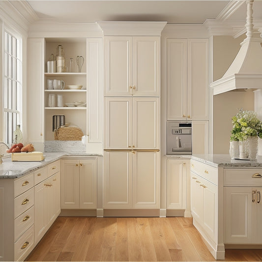 A modern kitchen with cream-colored walls, sleek countertops, and polished hardwood floors, featuring a tall, white HOMCOM pantry cabinet with ornate handles and a soft, warm illumination.