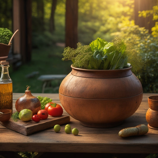 A wooden fermentation vessel sits atop a rustic wooden table, surrounded by lush greenery, with a few scattered vegetables and a small ceramic weight, bathed in warm, golden light.