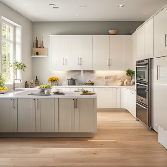 A modern kitchen with sleek, handle-less cabinets in shades of white and gray, featuring a central island with built-in drawers, and a floor-to-ceiling storage unit with minimalist metal handles.
