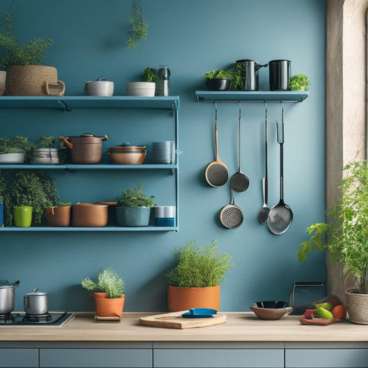 A modern kitchen with sleek adjustable wall racks displaying colorful pots, pans, and kitchen tools. Natural light streams in, highlighting the organized, versatile storage solution against a backdrop of minimalist decor and vibrant greenery.