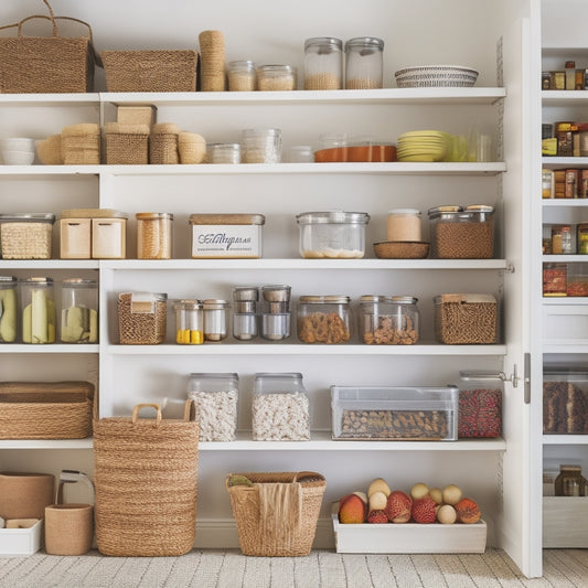 A bright, modern kitchen pantry with shelves, baskets, and jars, featuring a variety of colorful, neatly arranged labels, and a few rolls of blank labels and a marker in the foreground.