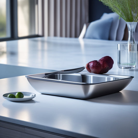 A sleek, stainless steel countertop dish drainer with an elegant design, featuring curved edges and a minimalist aesthetic, set against a modern kitchen backdrop with soft, ambient lighting and stylish dishware arranged artfully.