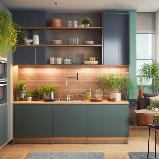 A sleek, modern kitchen featuring modular units with open shelving, showcasing colorful dishware and potted herbs. Warm wood tones contrast with stainless steel appliances, illuminated by soft ambient lighting for a cozy atmosphere.