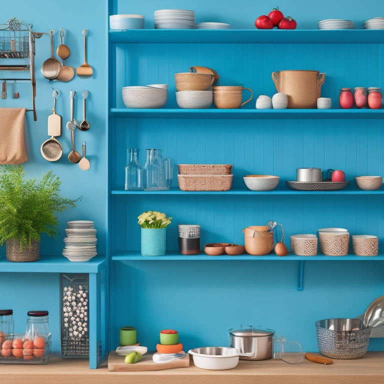 A bright, modern kitchen with a mix of open and closed storage, showcasing a pegboard with hanging utensils, a utensil organizer, and a shelf with stacked plates and bowls.