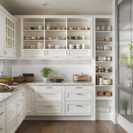 A sleek, modern kitchen showcasing elegant tiered racks inside pristine white cabinets, displaying an array of organized spices, dishes, and cookware. Warm lighting highlights the polished wood and stainless steel accents.