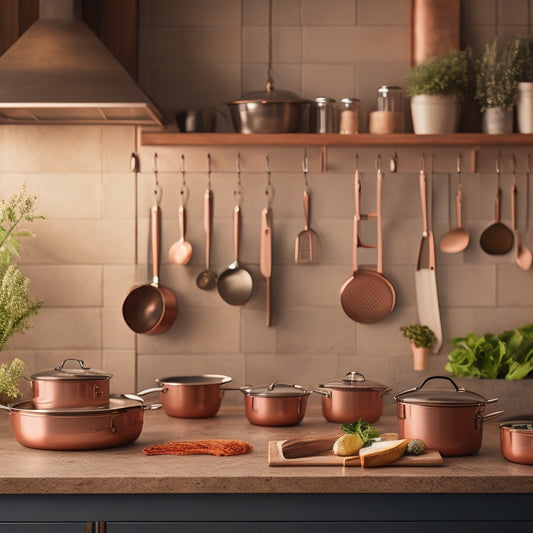 A rustic kitchen featuring a sleek, hanging pot rack with copper pots and pans, complemented by a stylish magnetic knife holder displaying gleaming knives, all set against warm wooden cabinets and soft ambient lighting.
