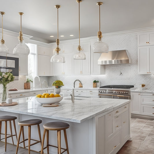 A bright, modern kitchen with sleek white cabinets, marble countertops, and a large island featuring a built-in cooktop, surrounded by pendant lights and a statement range hood.