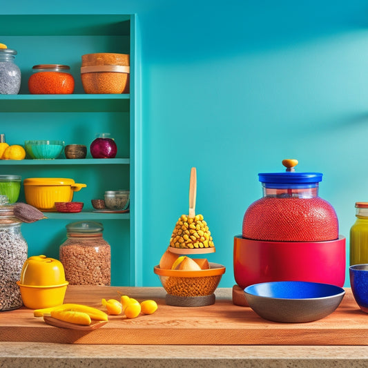 A vibrant kitchen scene showcasing creative countertop storage solutions: colorful jars filled with spices, sleek wooden utensil holders, a tiered fruit bowl, and neatly arranged cutting boards, all against a backdrop of polished granite countertops.