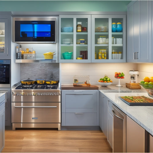 A modern kitchen with sleek countertops and stainless steel appliances, featuring a tablet on the counter displaying a digital inventory management app, surrounded by organized pantry shelves and labeled containers.