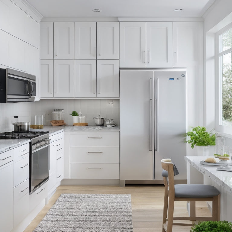 A bright, modern kitchen with sleek white cabinets, stainless steel appliances, and a minimalist aesthetic, featuring a pull-out pantry, a wall-mounted utensil organizer, and a compact island with built-in storage.