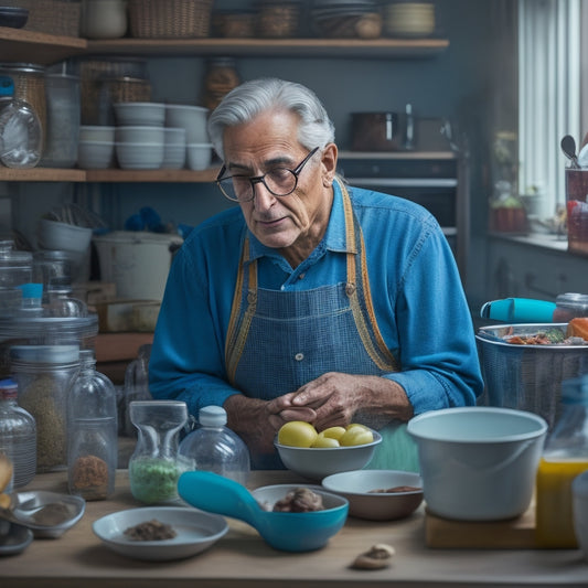 An older adult, slightly hunched, with gray hair and reading glasses, stands in a cluttered kitchen, surrounded by stacked containers, utensils, and cookbooks, with a look of frustration on their face.