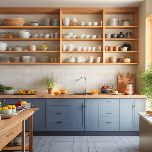 A modern kitchen showcasing deep cabinets with sleek pull-out shelves, filled with organized pots, pans, and spices. Soft natural light illuminates the space, highlighting the convenience and accessibility of the shelves.