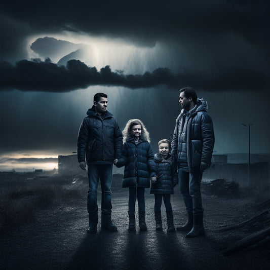 A dramatic, high-contrast image of a family - mom, dad, and two kids - standing strong together, surrounded by a stormy, apocalyptic background, with a faint glow of a flashlight in the foreground.