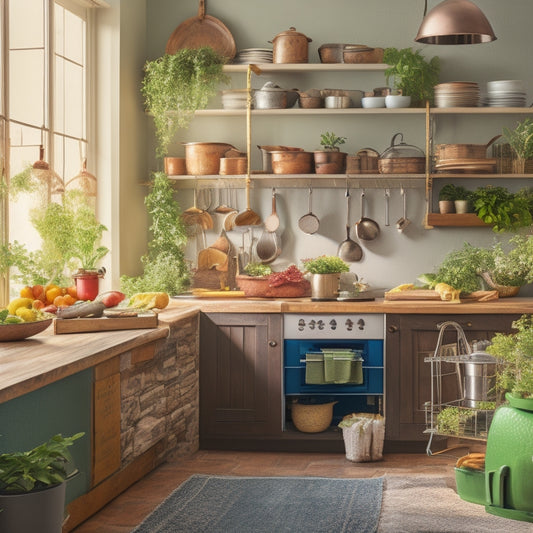 A clutter-free kitchen with a central island cart, adorned with a few strategically placed utensils, a small potted herb plant, and a few open shelves showcasing cookbooks and spices.