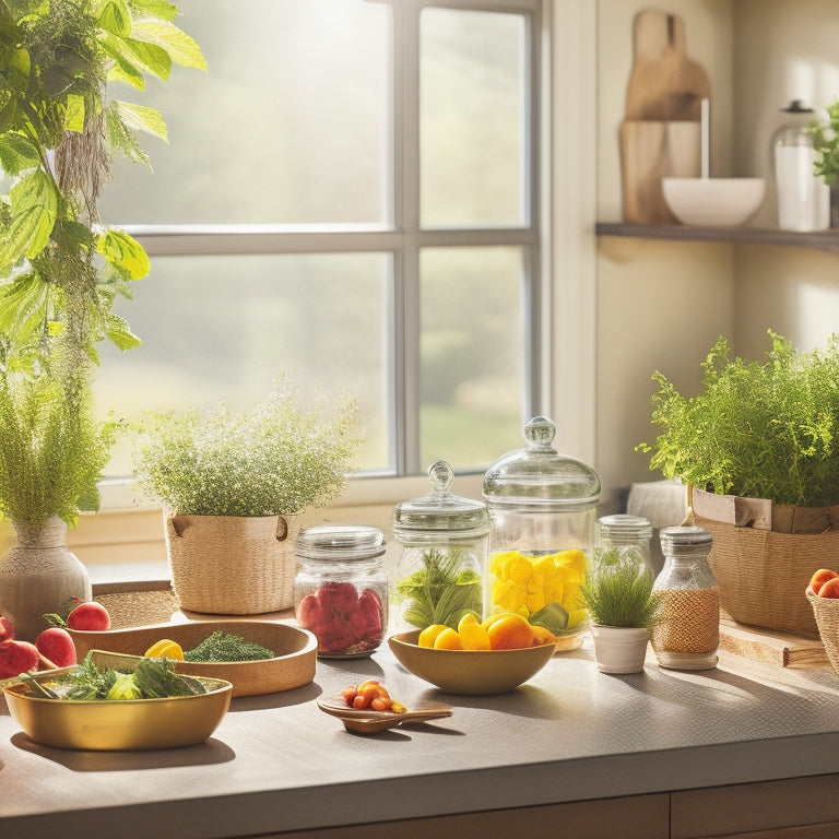 A vibrant kitchen countertop showcasing stylish jars, tiered wooden trays, and colorful baskets, all elegantly organized with fresh herbs, fruits, and utensils, illuminated by warm sunlight streaming through a nearby window.