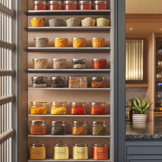 A sleek, vertical spice rack filled with colorful spice jars, nestled between a narrow kitchen countertop and a wall. Soft ambient light highlights the organized arrangement, showcasing the practical elegance of maximizing tight spaces.