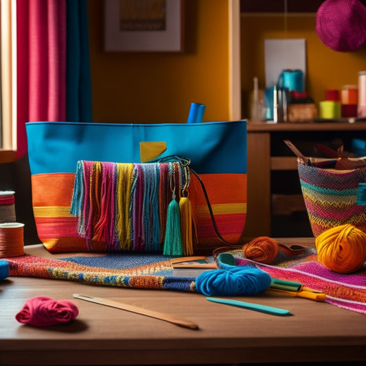 A colorful, well-lit workspace with scattered fabric scraps, threads, and sewing tools, featuring a half-completed stylish tote bag with bold stripes and a trendy tassel on a wooden table.