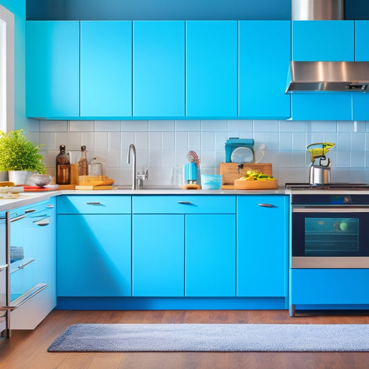 A bright and modern kitchen with Ocean Blue Kitchen Helper, a sleek and compact robot, standing on a quartz countertop, surrounded by stainless steel appliances and a few scattered utensils.