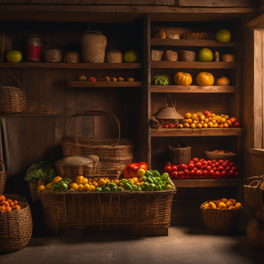 A dimly lit, rustic wooden storage room with crates of vibrant, fresh fruits and vegetables, surrounded by woven baskets, vintage scales, and old-fashioned lanterns, evoking a sense of nostalgia.