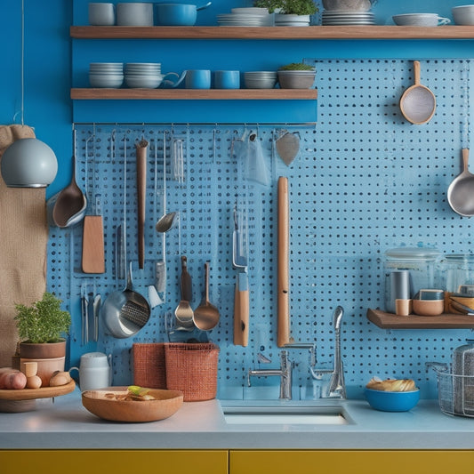A bustling kitchen featuring a high-capacity pegboard wall, adorned with vibrant pots, utensils, and tools, organized for efficiency. Soft natural light streams through a window, highlighting the functional yet stylish arrangement.