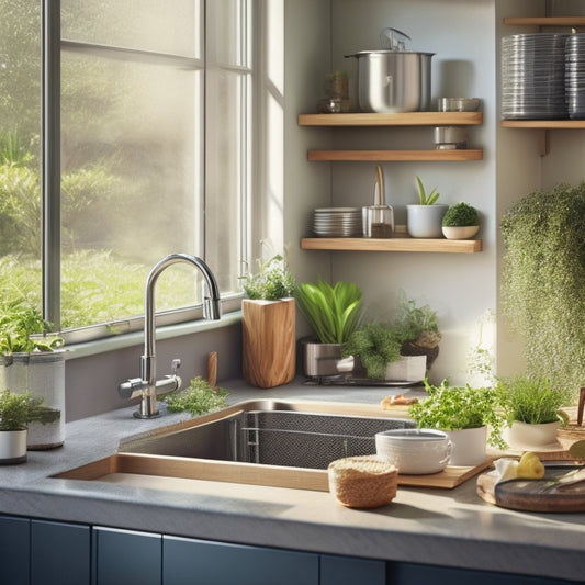 A sleek kitchen showcasing various over-the-sink dish drainers: stainless steel, bamboo, and plastic designs, with dishes and utensils drying, sunlight streaming through a window, and fresh herbs on the countertop.