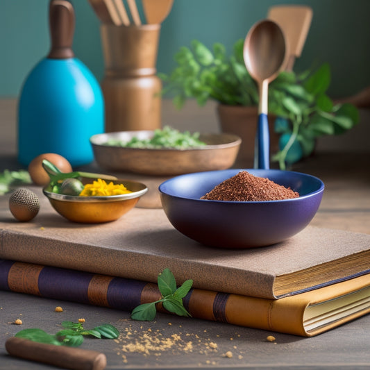 A stylized, golden-brown wooden spoon lies across a stack of three cookbooks with vibrant, colorful covers, surrounded by scattered fresh herbs and a few strategically-placed kitchen utensils.