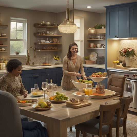 A warm, well-lit kitchen with varying countertop heights, a wheelchair-accessible sink, and a mix of pull-out shelves and touchless faucets, surrounded by diverse individuals cooking and socializing together.