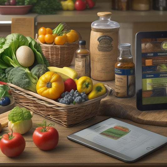An illustration of a kitchen counter with a farmer's market basket containing fresh produce, surrounded by icons of government seals, inspection certificates, and a tablet with a food safety app open.