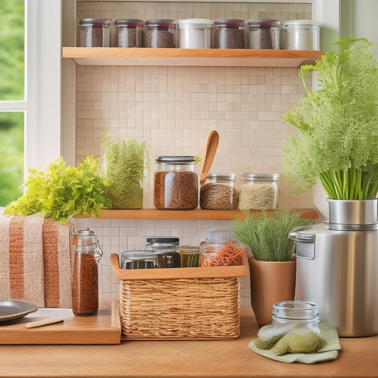 A clutter-free kitchen countertop with a wooden spice rack holding 10-12 jars, a stainless steel recipe book stand, and a woven basket storing cookbooks, surrounded by a few fresh herbs and a vase with a single stem flower.