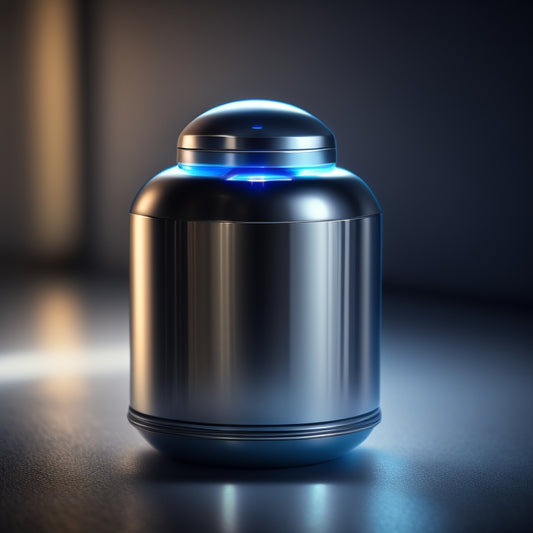 A futuristic, silver canister with a sleek, aerodynamic shape, topped with a transparent dome, surrounded by swirling mist and subtle, neon blue accents, set against a dark, gradient background.