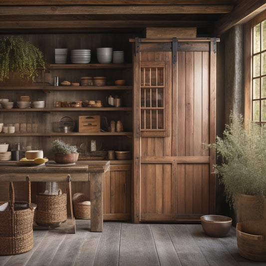A rustic kitchen featuring a freestanding pantry unit with dark wood sliding barn doors, surrounded by potted herbs, vintage kitchenware, and warm, ambient lighting, creating an inviting and organized culinary space.